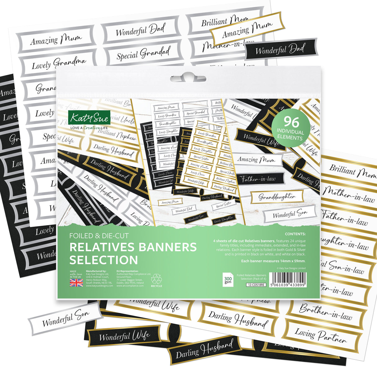 Foiled Relatives Banners Selection, 96 Sentiments