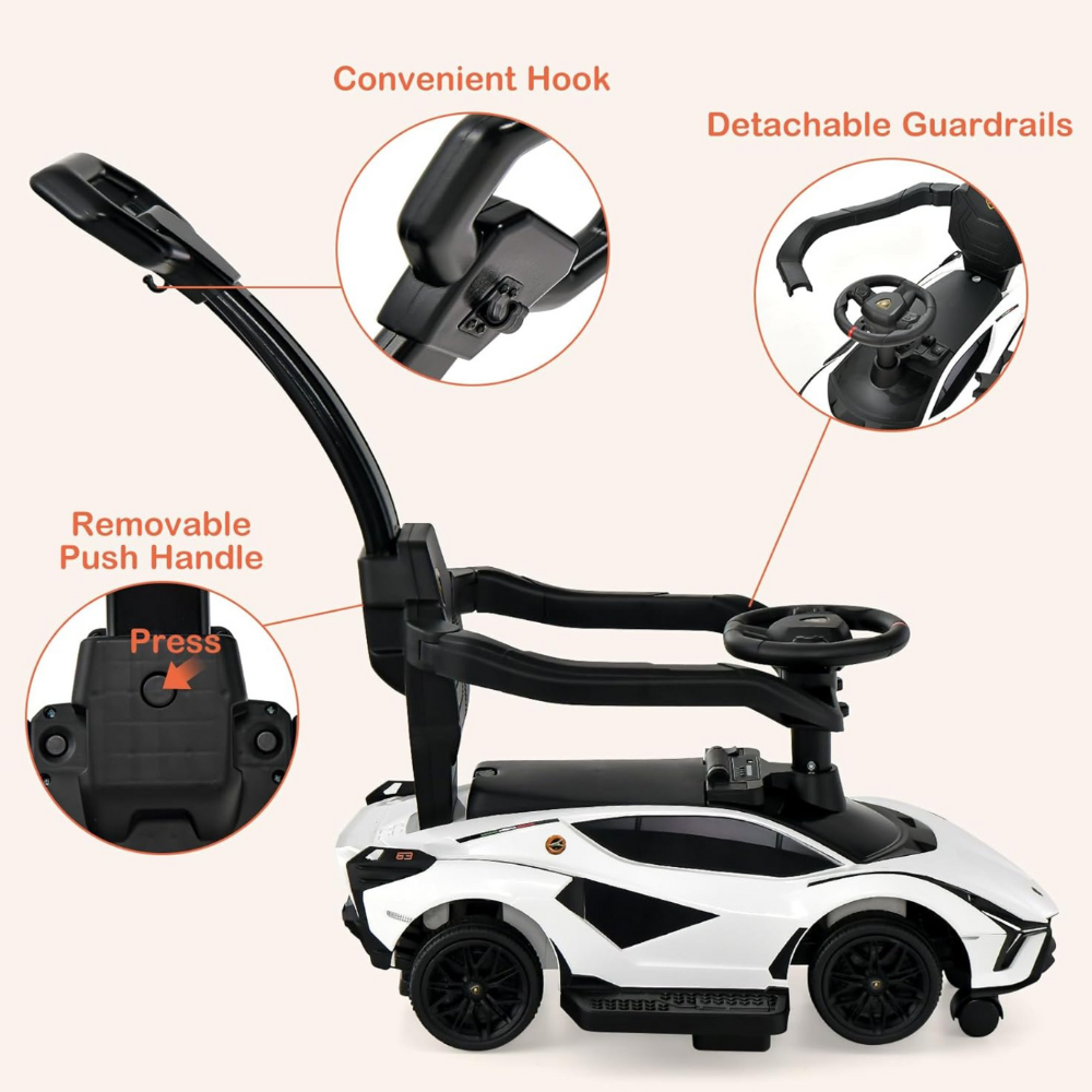 Lamborghini Sian Ultimate 3-in-1 Toddler Ride-On Push-Car W/ Music Player, Lights, Detachable Handle & Guards