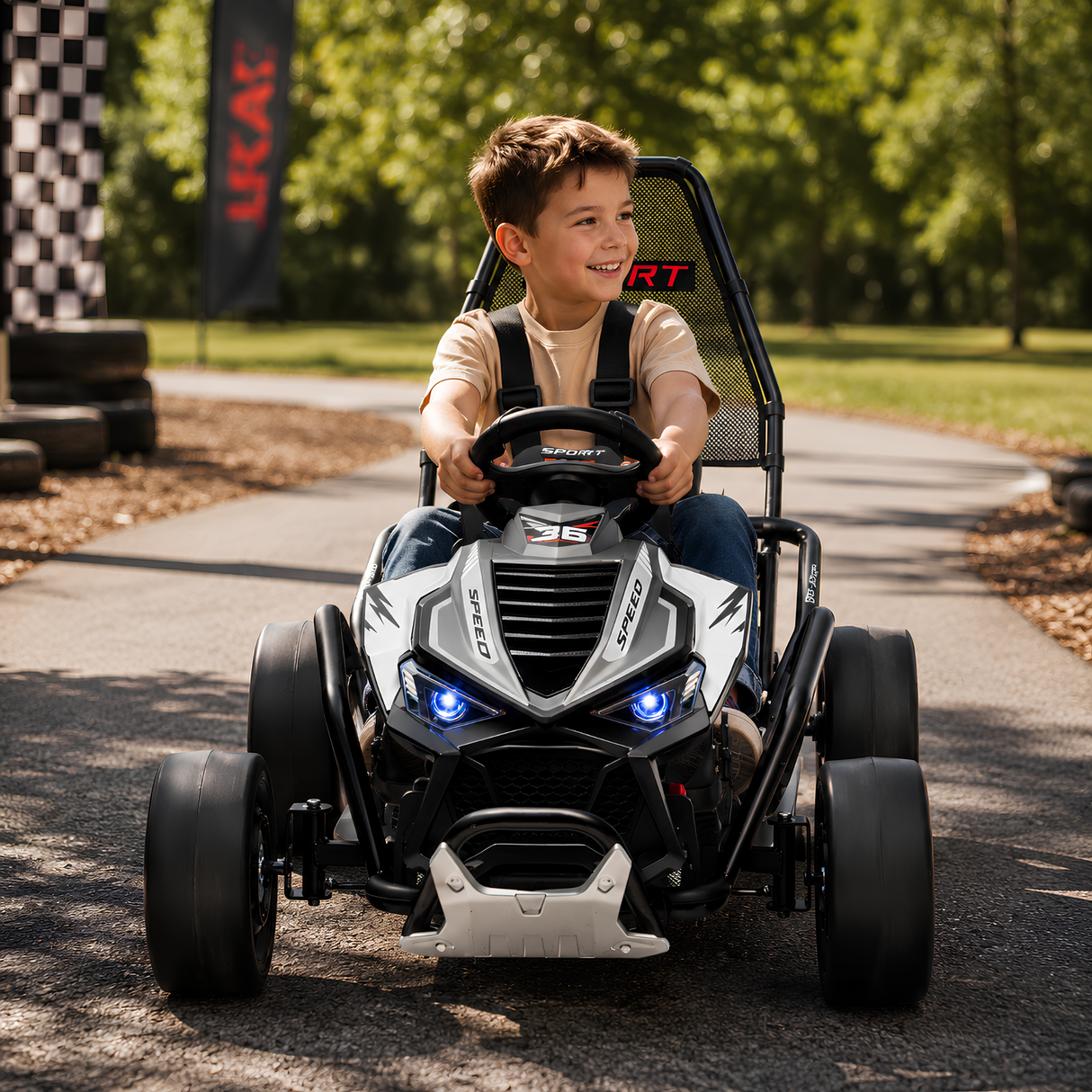 24V Phantom Sport GT Kids High Speed Electric Go Kart with Safety Harness, Lights & Music