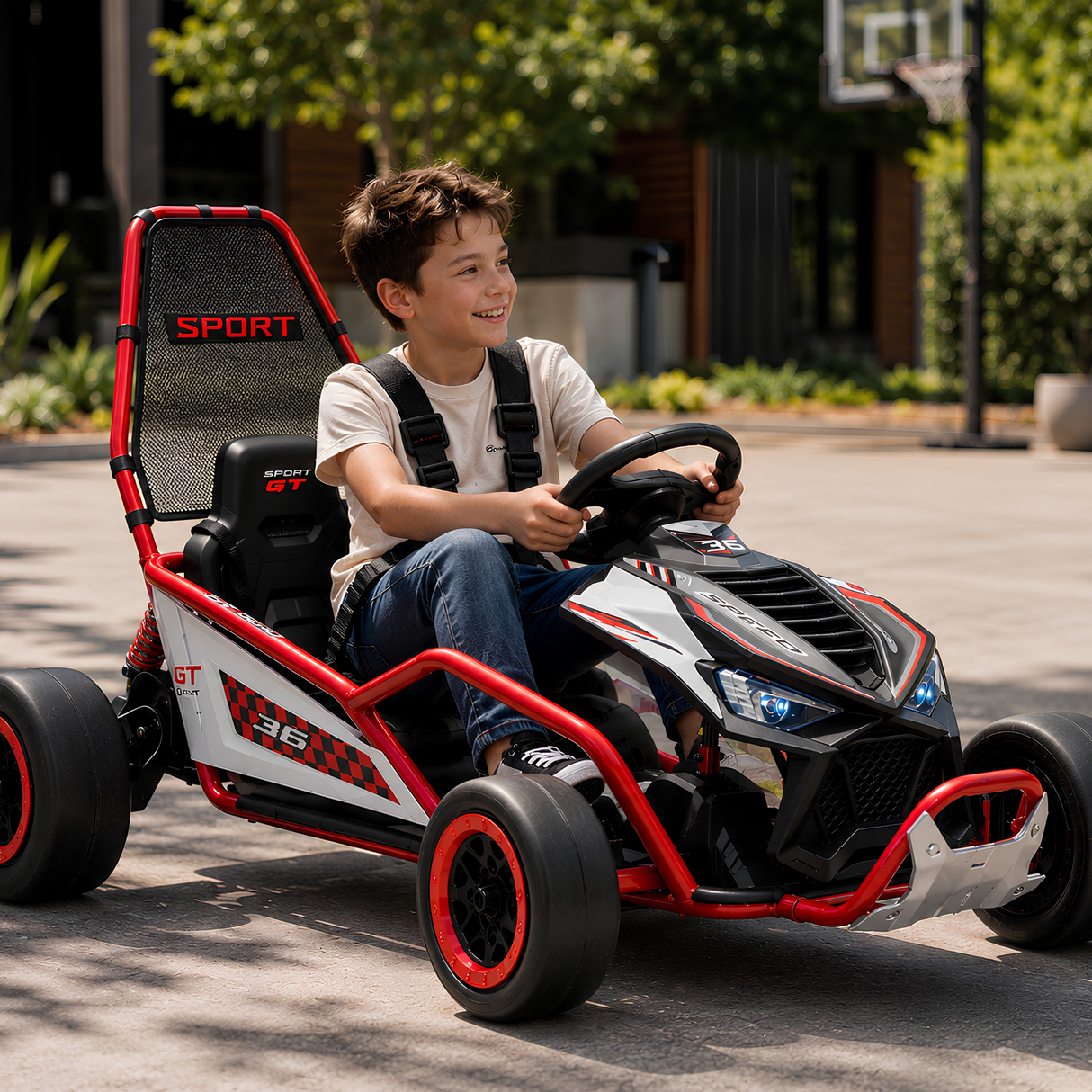 24V Phantom Sport GT Kids High Speed Electric Go Kart with Safety Harness, Lights & Music