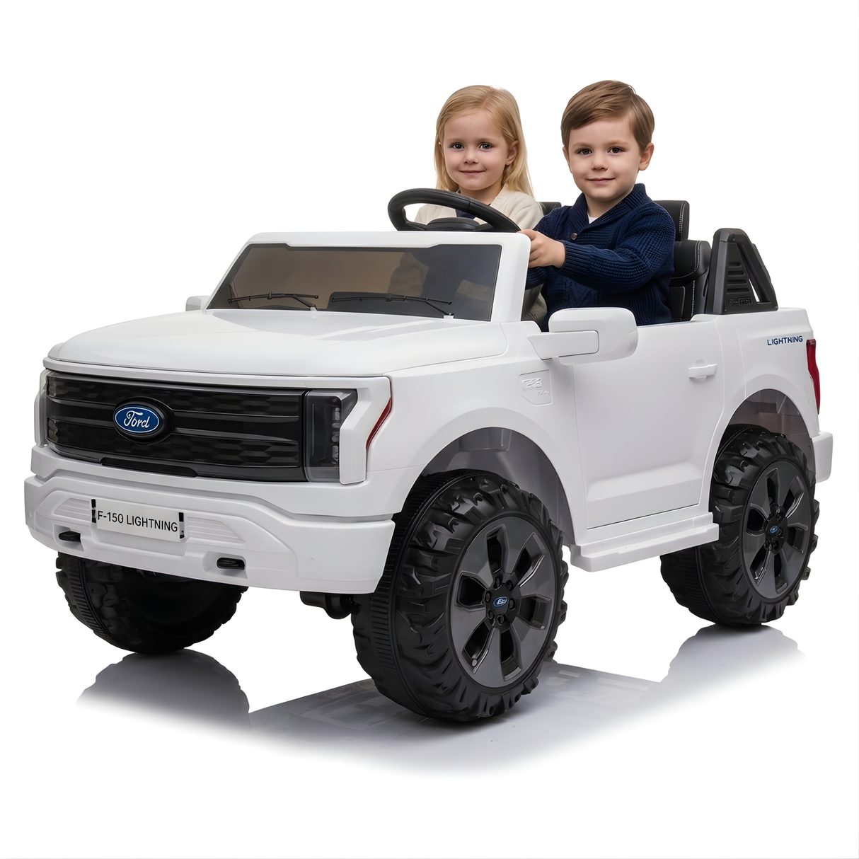 24V Ford F-150 kids ride-on truck with two children seated, featuring realistic design and large wheels.