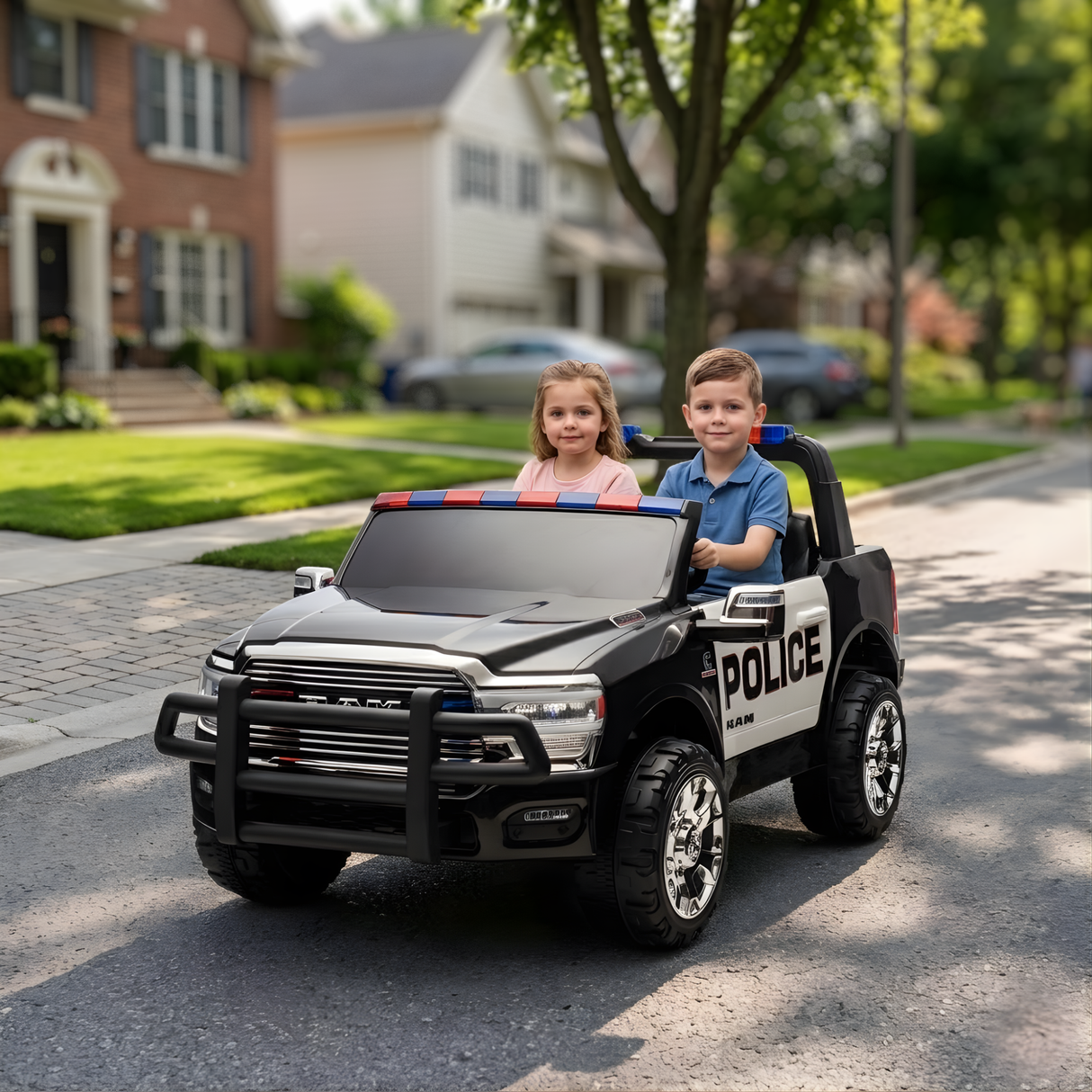 24V Police Officer XXL Edition 4x4 Kids 2-Seater Ride-On RAM 3500 Truck W/ Rubber Wheels, Siren, Music Player & RC