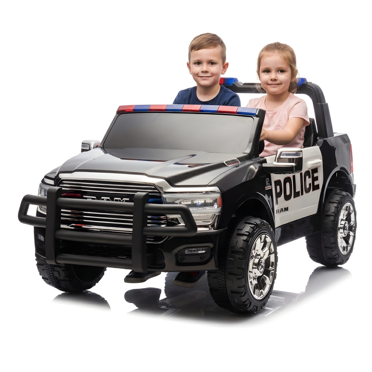24V Police Officer XXL Edition 4x4 Kids 2-Seater Ride-On RAM 3500 Truck W/ Rubber Wheels, Siren, Music Player & RC