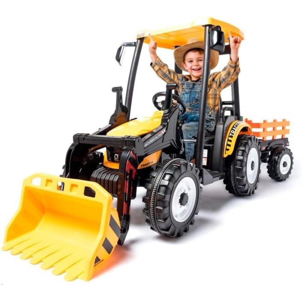 24V Ride-On 6-Wheel 1-Seater Tractor Trailer W/ Wagon, Canopy, Music Player & RC