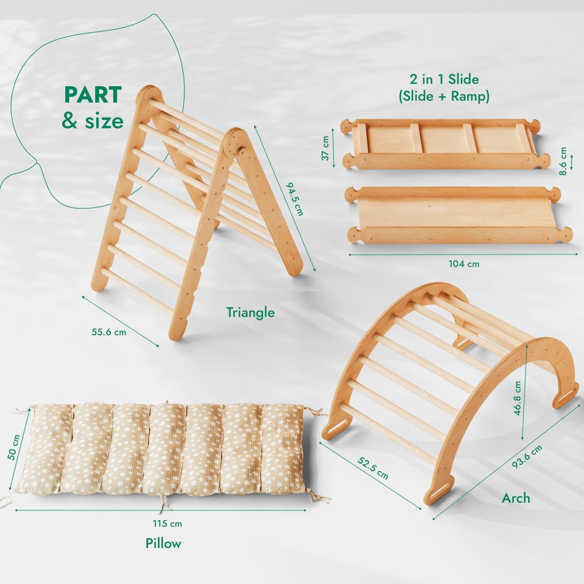 4in1 Montessori Climbing Set: Triangle Ladder + Climbing Arch + Slide Board + Cushion Beige