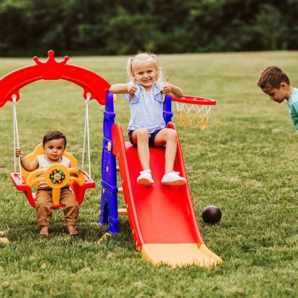 Ensemble de jeu de luxe 5 en 1 Crown pour enfants, intérieur et extérieur : toboggan, balançoire et basket-ball
