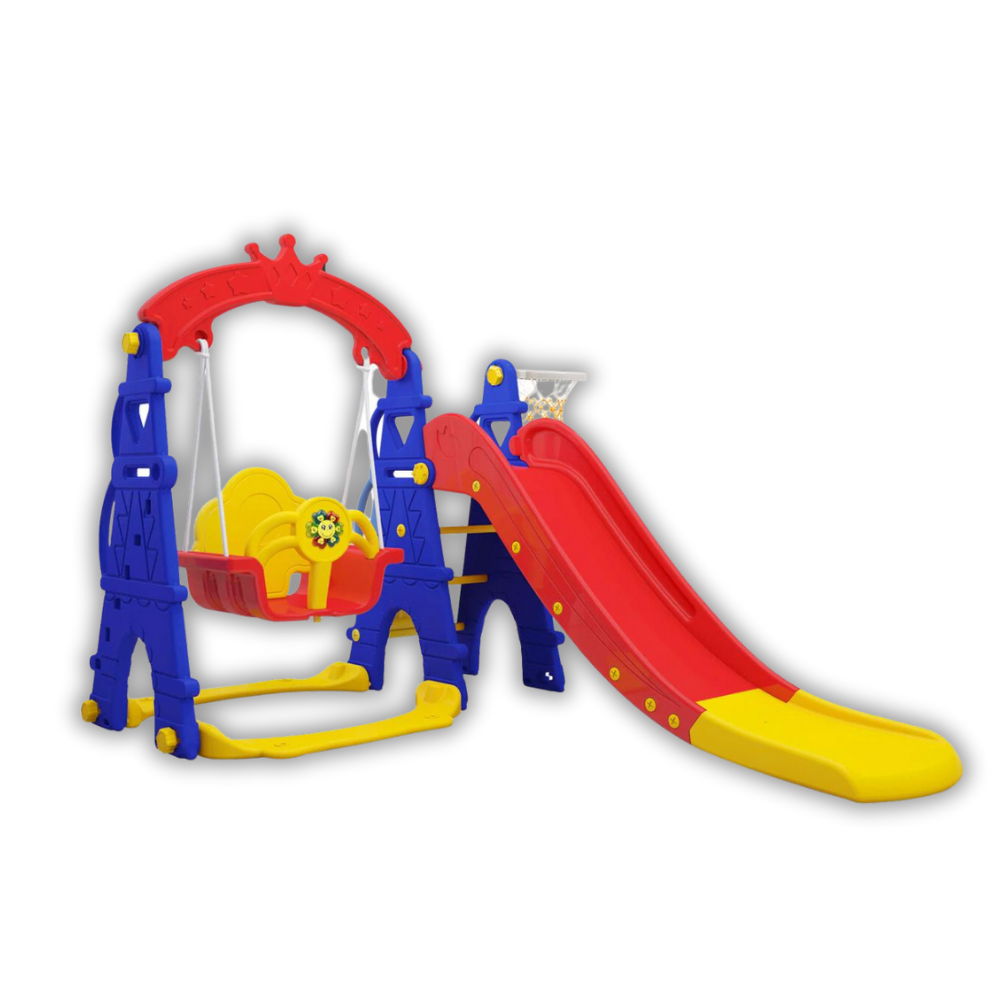 Ensemble de jeu de luxe 5 en 1 Crown pour enfants, intérieur et extérieur : toboggan, balançoire et basket-ball