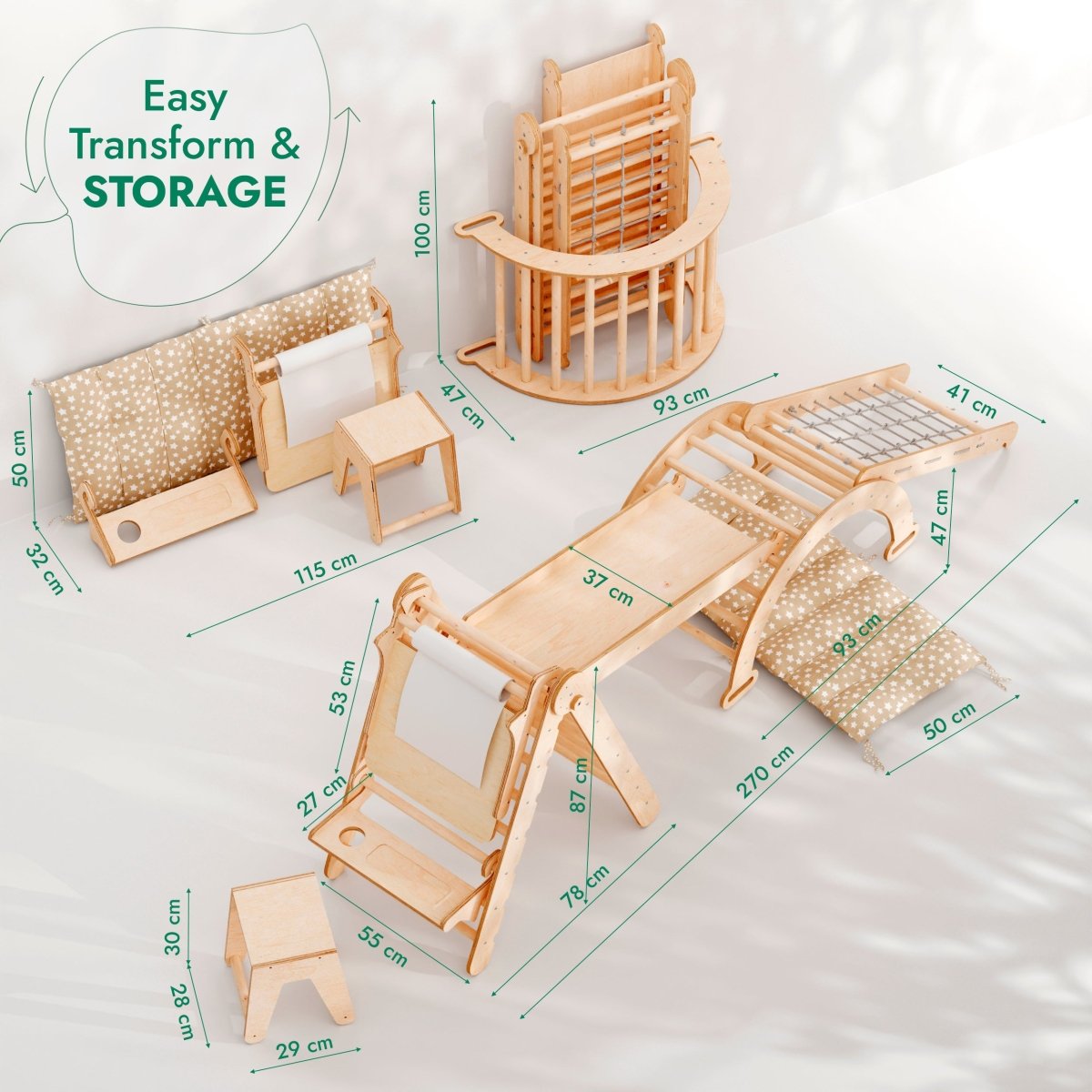 6in1 Montessori Climbing Frame Set: Triangle Ladder + Arch/Rocker + Slide/Ramp + Net + Cushion + Art Addition