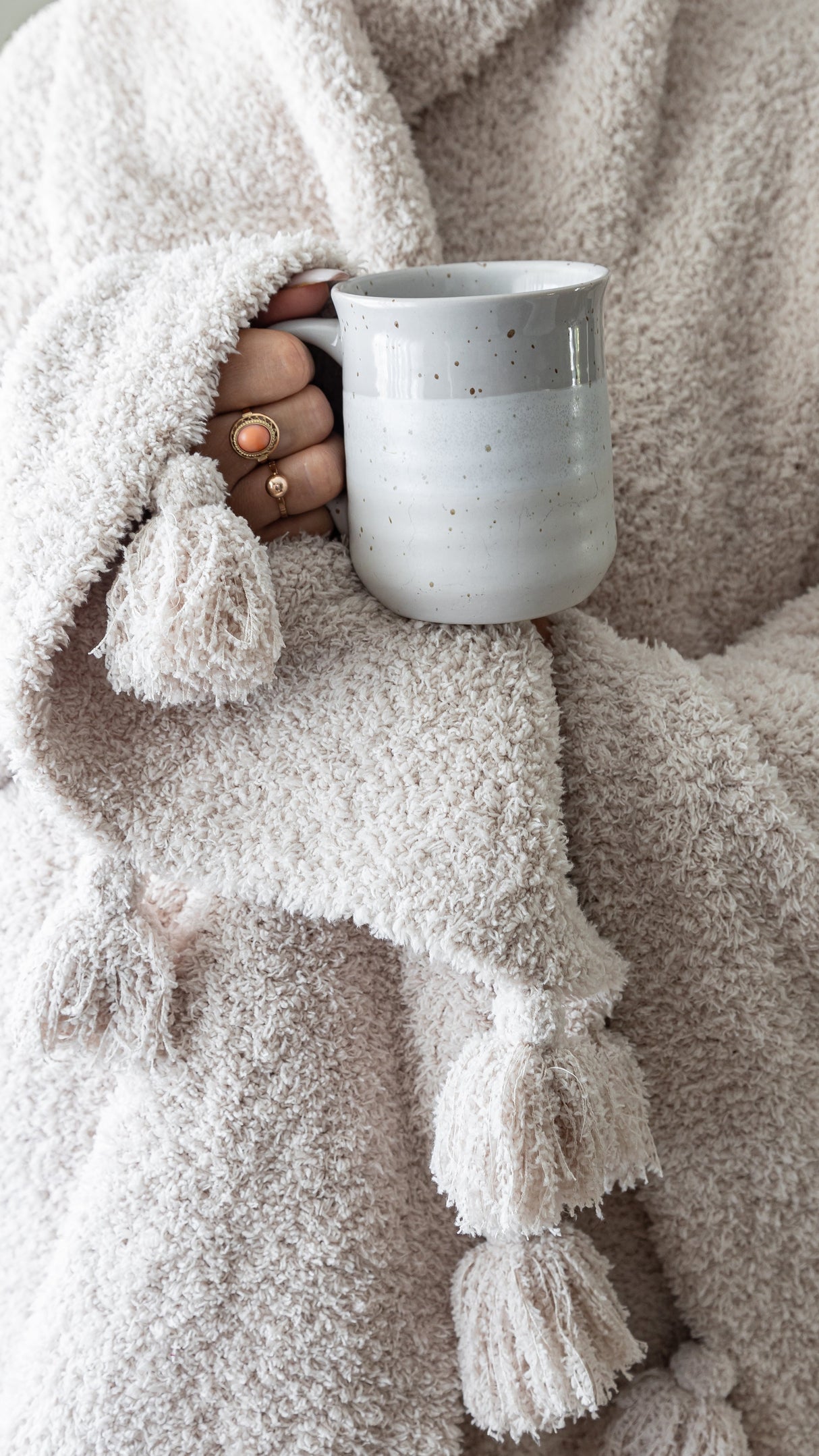 Blushing Beige Solid Double Layer with Tassels Print Extended Throw