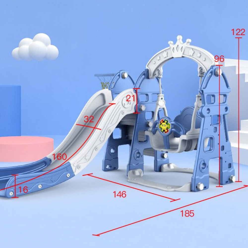 Ensemble de jeu de luxe 5 en 1 Crown pour enfants, intérieur et extérieur : toboggan, balançoire et basket-ball