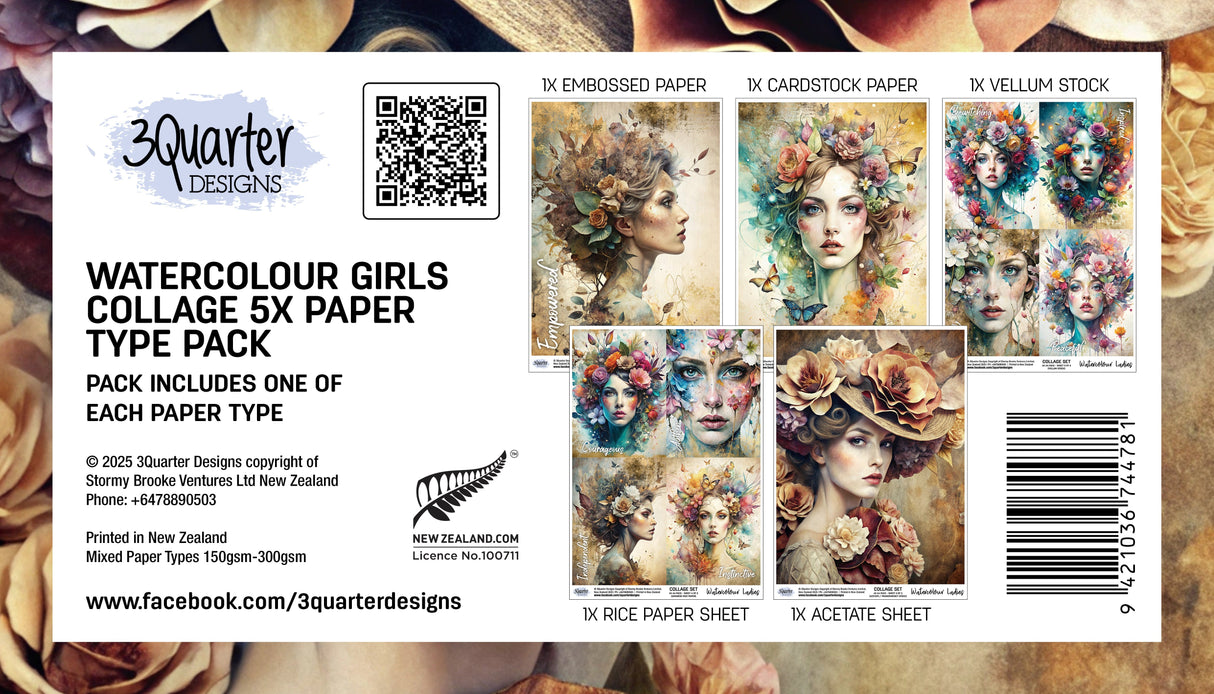 3Quarter Designs Set of 5 Watercolour Collage Prints - Girls