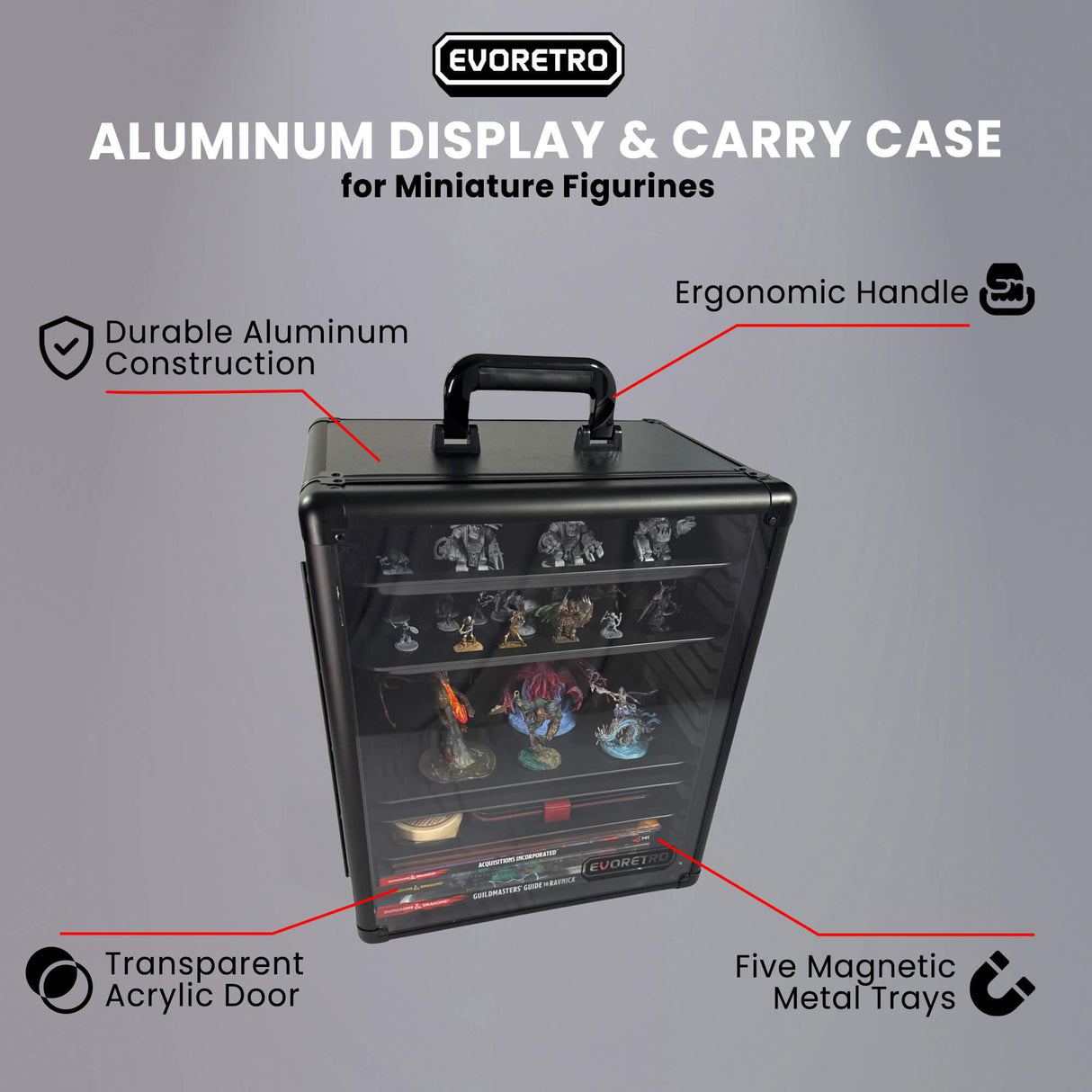 Aluminum Miniatures Display Case with 5 Magnetic Trays
