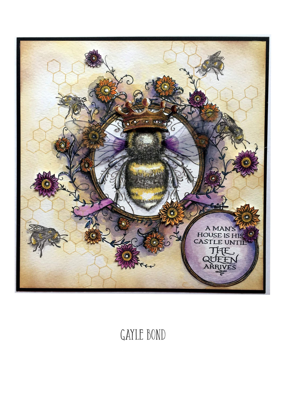 Summer Hoop A5 Clear Stamp Set Bee illustration with crown, flowers, and hexagonal patterns by Gayle Bond, showcasing elegant mixed media design.