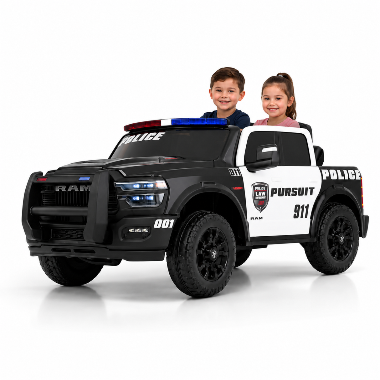 24V Police Officer Edition Kids 2-Seater Ride-On RAM Truck W/ Rubber Wheels, Siren, Music Player & RC