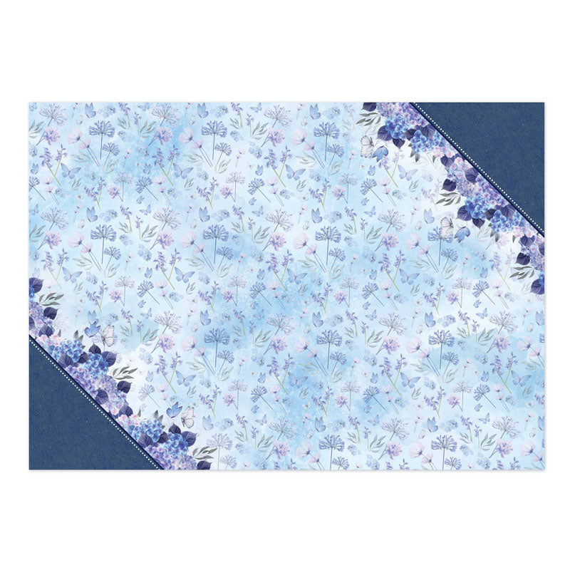 Butterfly Blues Luxury Topper Set floral design with blue and purple flowers on a light background and navy accents.