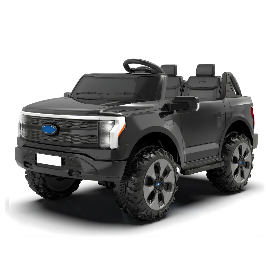 24V Ford F-150 kids ride-on truck in black with realistic design and spacious two-seat cabin.