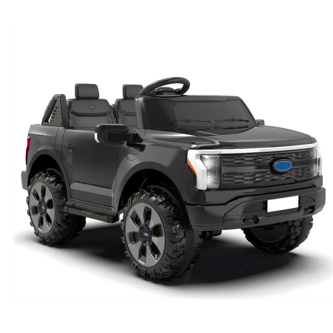 24V Ford F-150 kids ride-on truck in sleek black design with spacious seating and rugged tires.