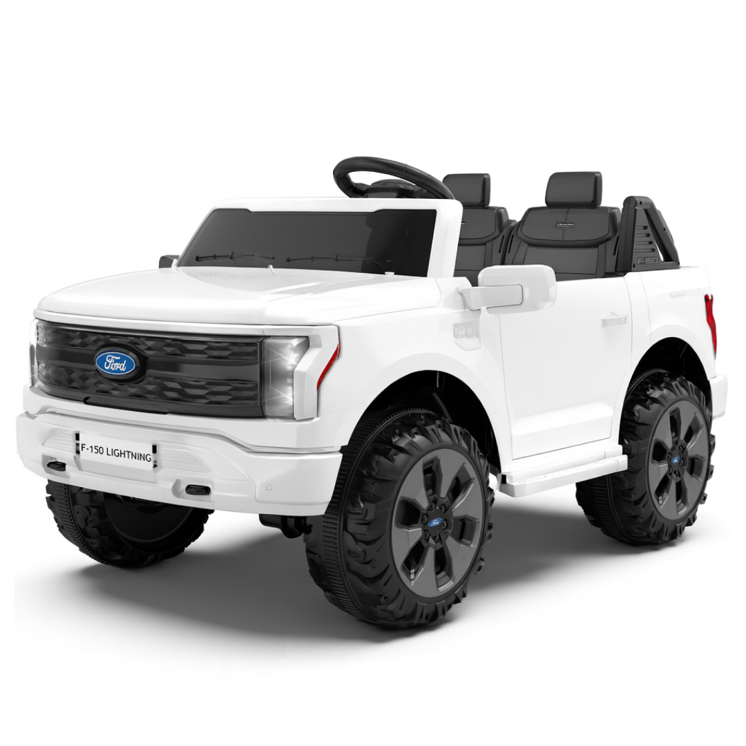 24V Ford F-150 kids ride-on truck with open doors and spacious seating for two