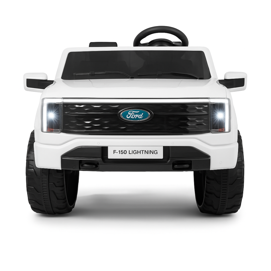 Front view of a 24V Ford F-150 kids ride-on truck with LED lights and a spacious cabin.