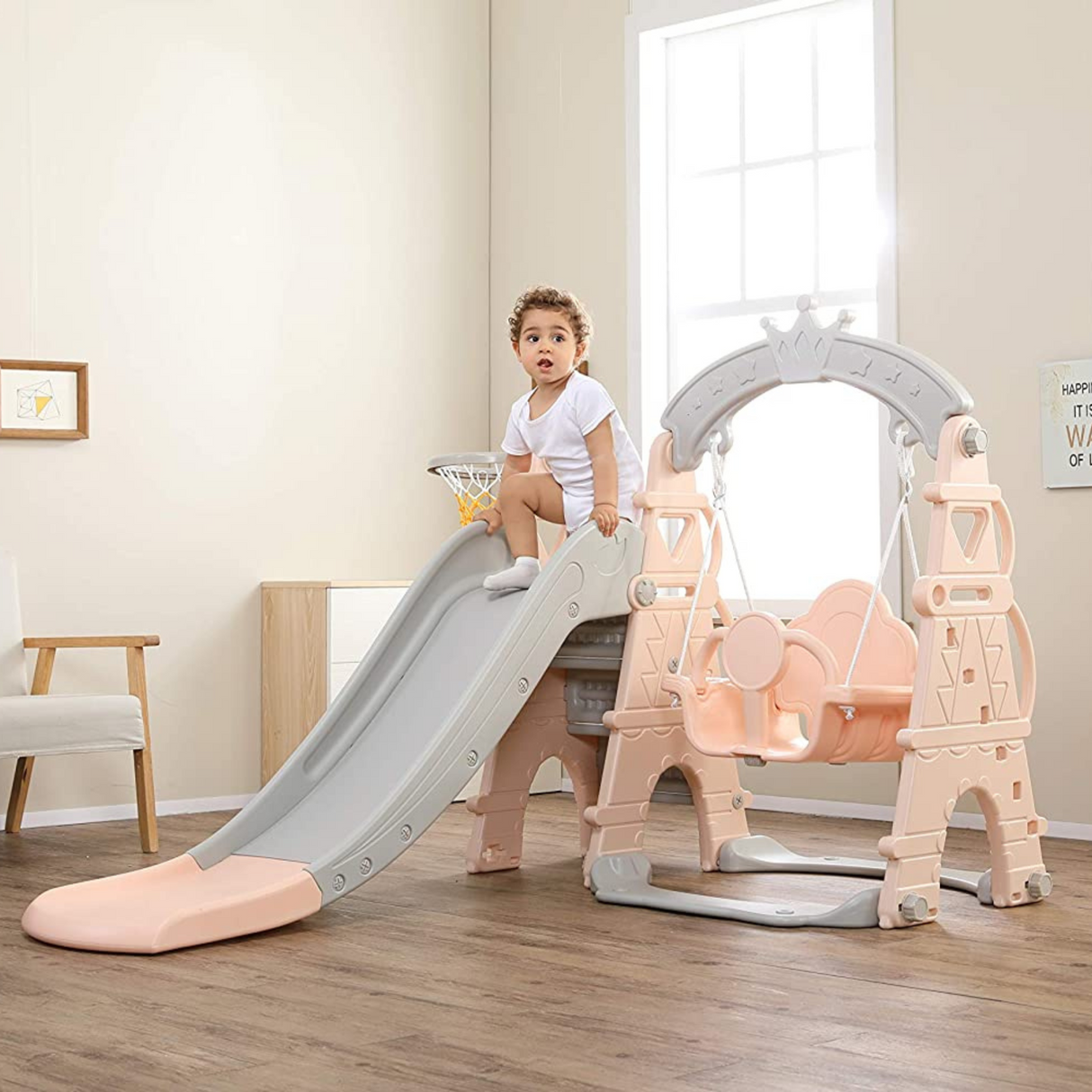 Ensemble de jeu de luxe 5 en 1 Crown pour enfants, intérieur et extérieur : toboggan, balançoire et basket-ball