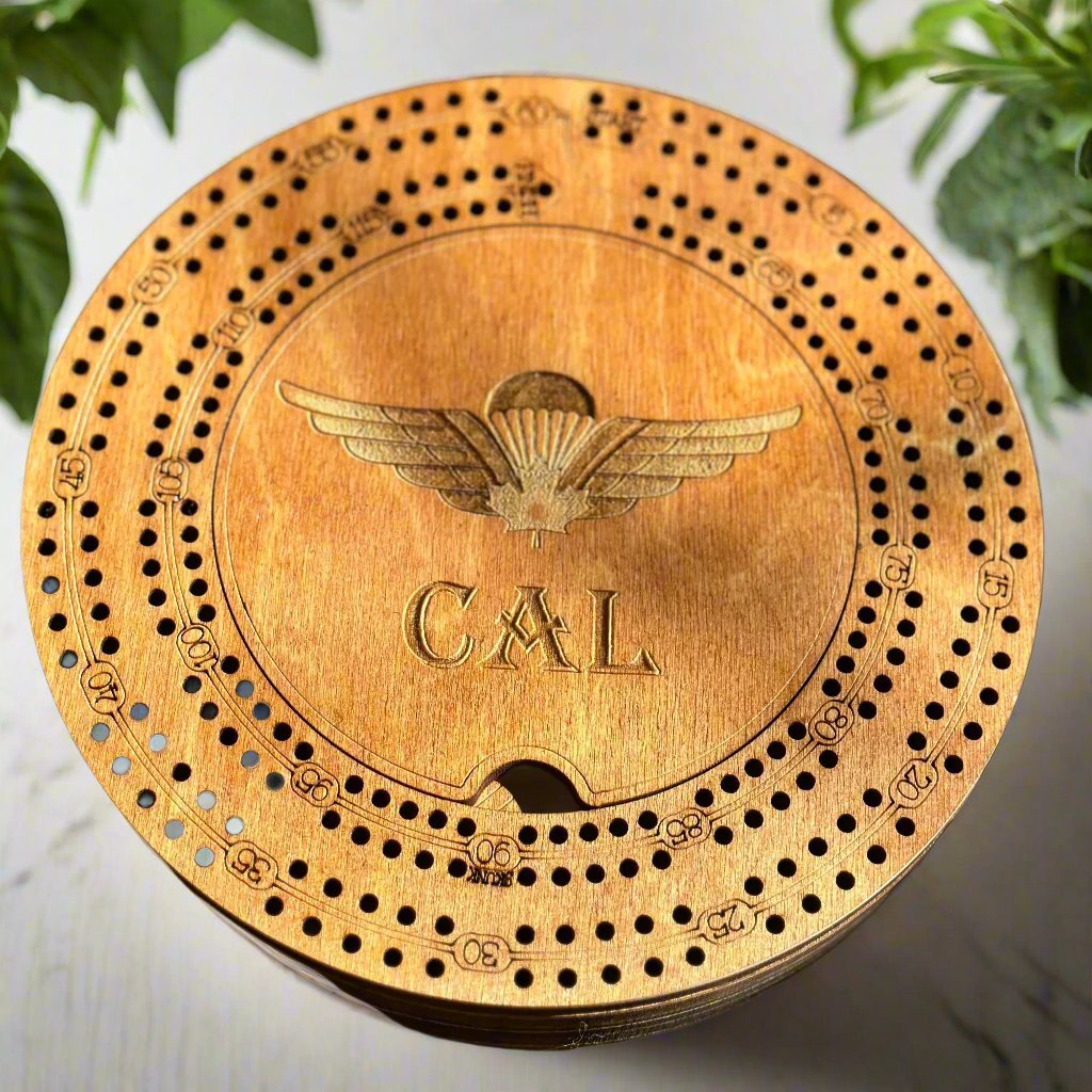 Engraved Small Round Cribbage Board-7.5 inch Wood Game Board