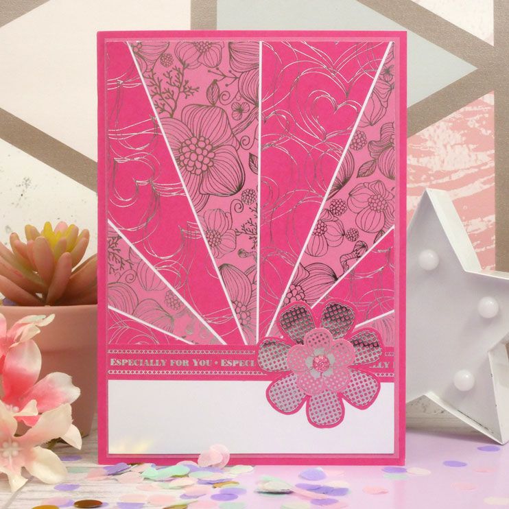 Bold & Bright Stickables A5 Self-Adhesive Foiled Papers floral card design with pink and silver accents.