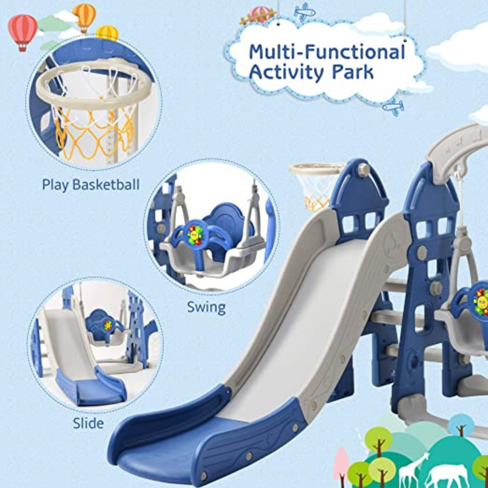 Kids Indoor & Outdoor Luxury 5-In-1 Crown Playset: Slide, Swing & Basketball Playset