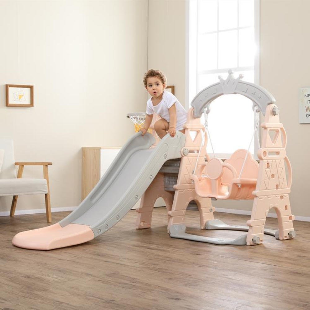 Kids Indoor & Outdoor Luxury 5-In-1 Crown Playset: Slide, Swing & Basketball Playset