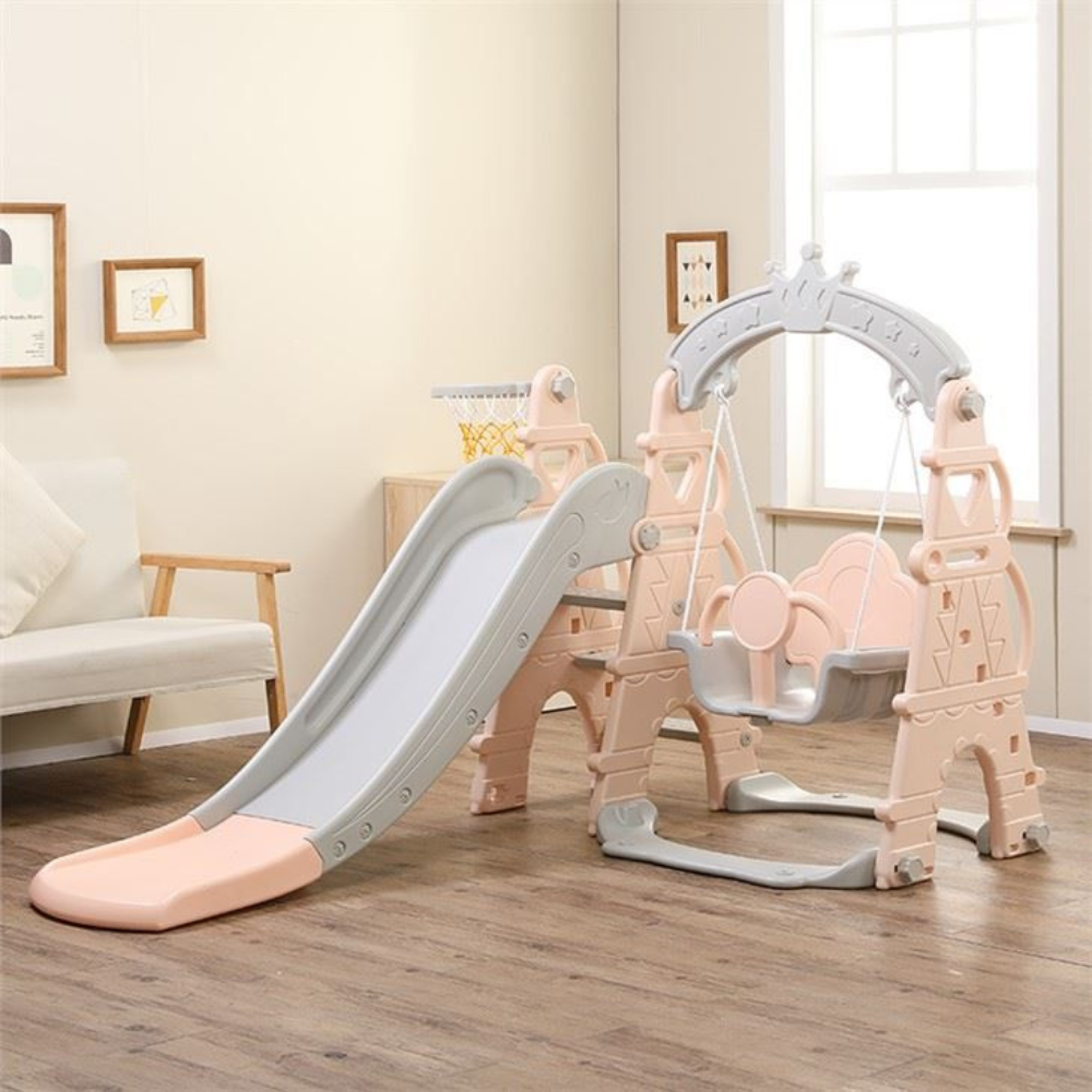 Kids Indoor & Outdoor Luxury 5-In-1 Crown Playset: Slide, Swing & Basketball Playset