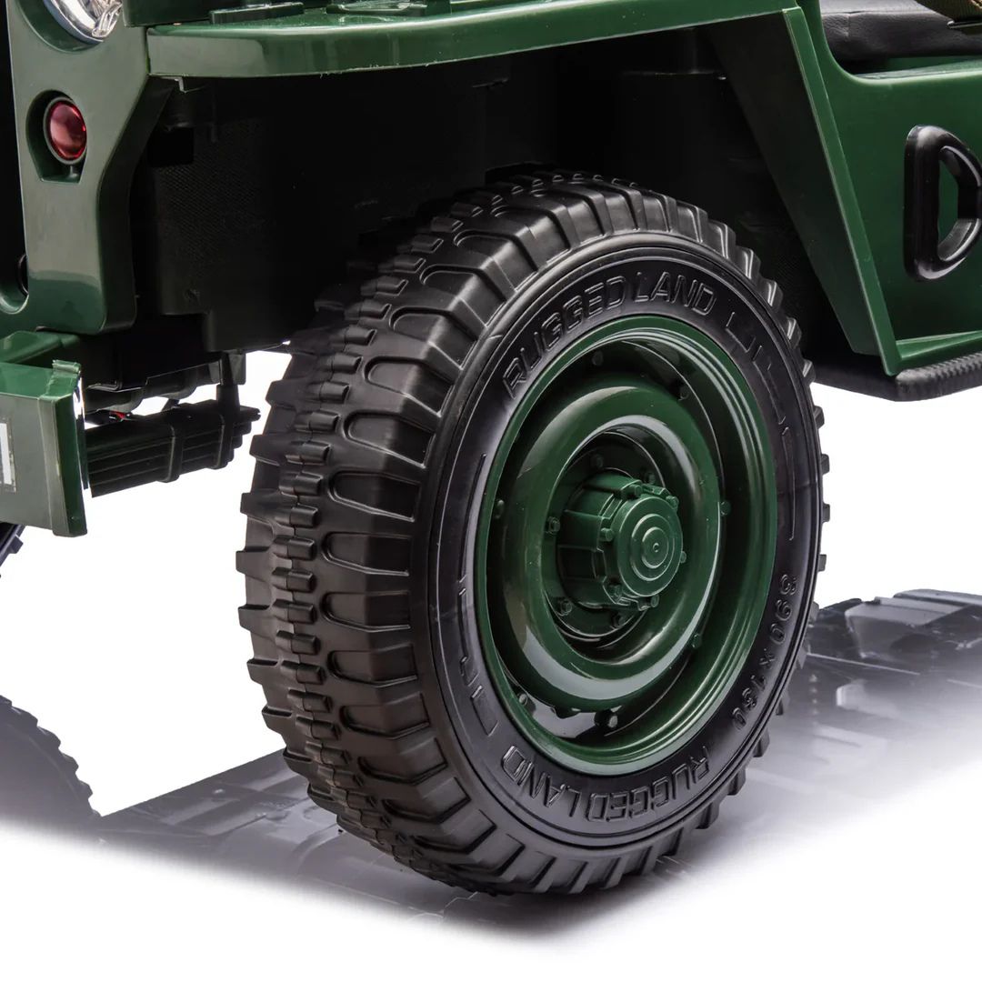 12V Military Edition 1-Seater Ride-on Truck with Rubber Wheels, Music and Remote