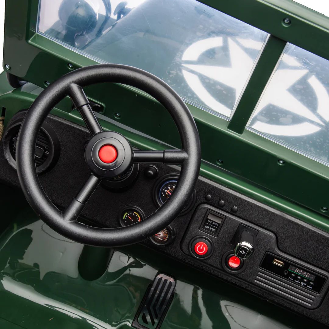12V Military Edition 1-Seater Ride-on Truck with Rubber Wheels, Music and Remote