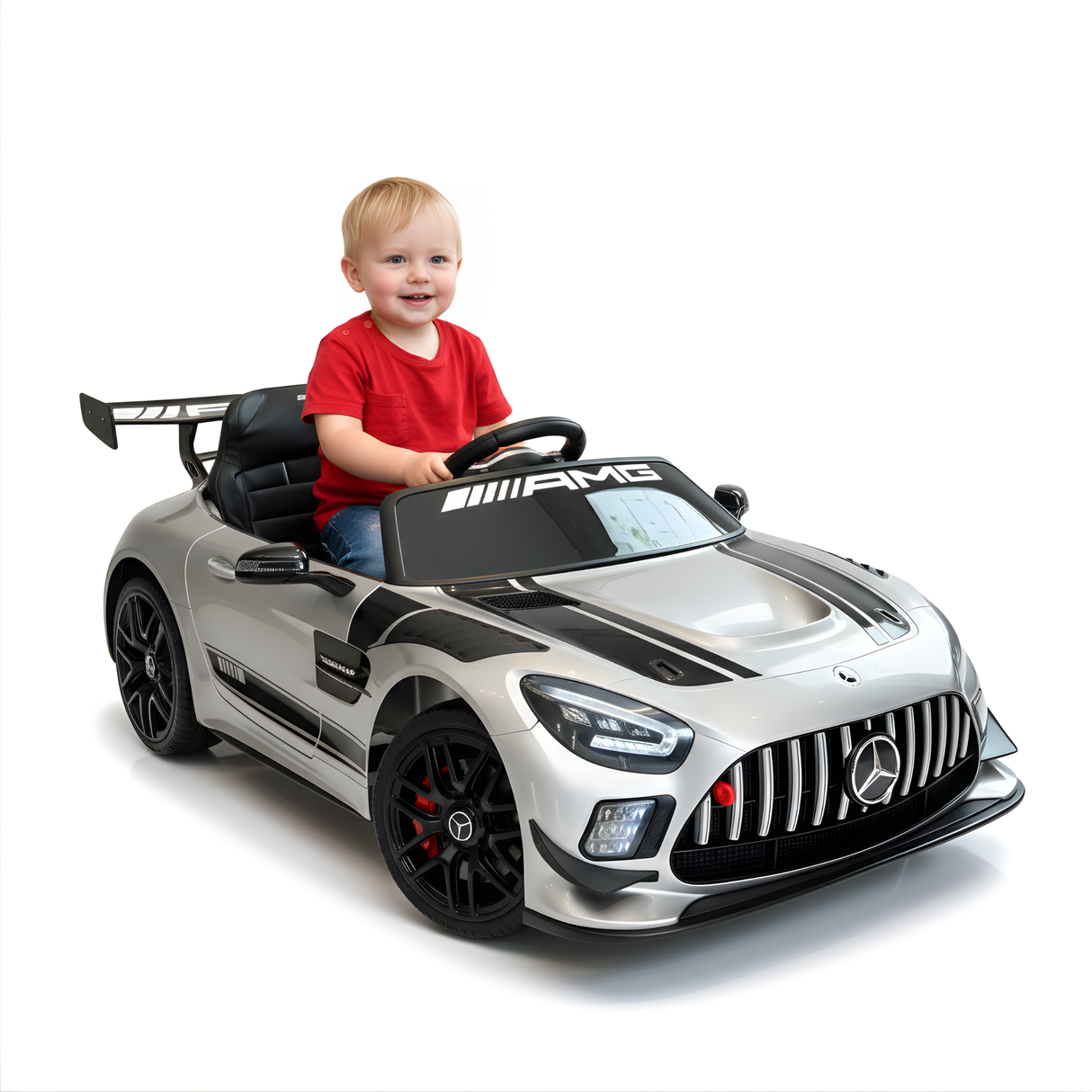 12V Mercedes Benz AMG GT3 Upgraded 1-Seater Ride-On Sports Car W/ Rubber Wheels, Music Player & RC
