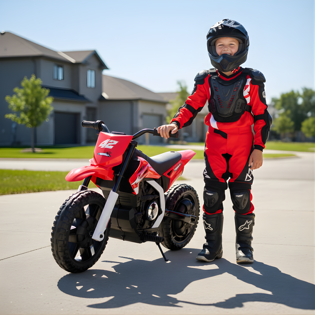 Smiling child in motocross gear next to a 24V kids electric dirt bike on a sunny day.