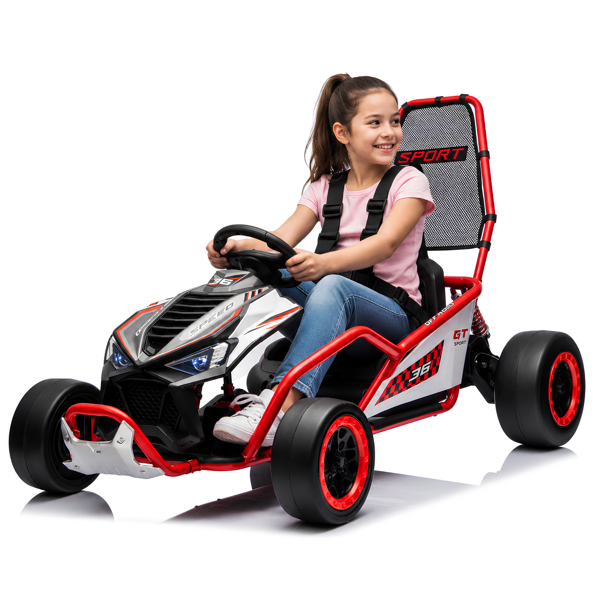 24V Phantom Sport GT Kids High Speed Electric Go Kart with Safety Harness, Lights & Music