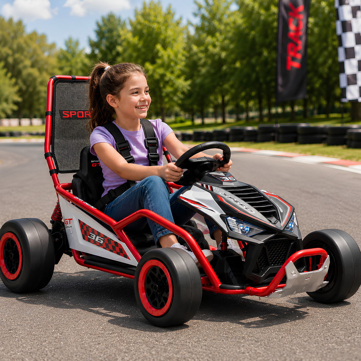 24V Phantom Sport GT Kids High Speed Electric Go Kart with Safety Harness, Lights & Music