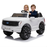 24V Ford F-150 kids ride-on truck with two children seated, featuring realistic design and large wheels.