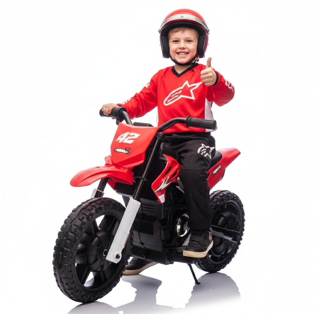 Happy child giving thumbs up while riding a 24V kids electric dirt bike, dressed in motocross gear.