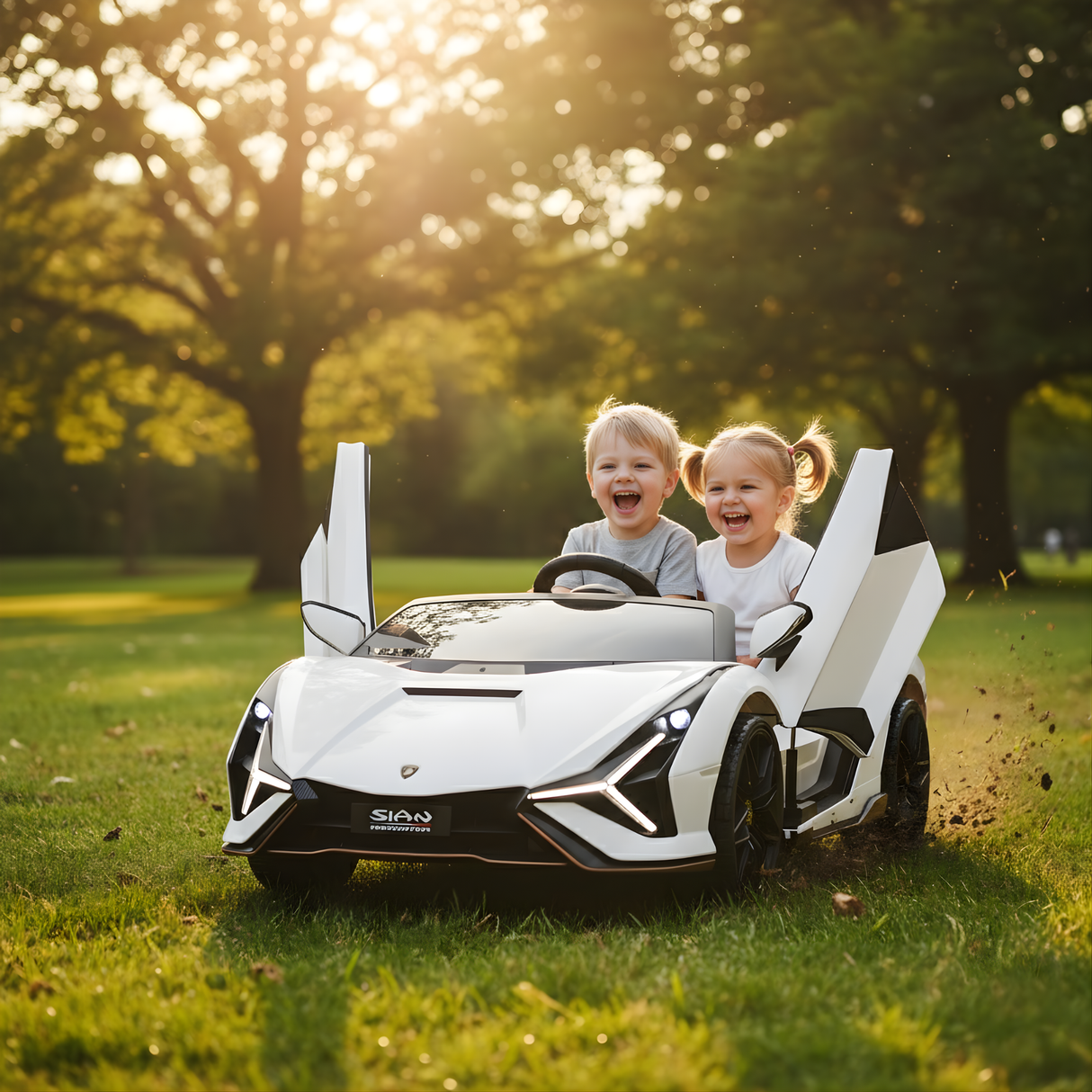 24V Lamborghini Sian 4x4 2-Seater Ride-On Car W/ Rubber Wheels, Music Player, Butterfly Doors & RC