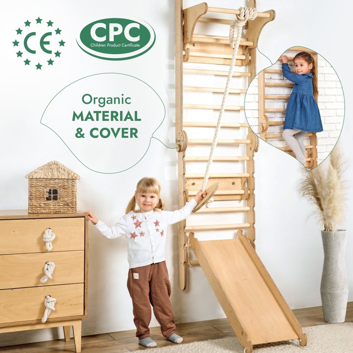3in1: Wooden Swedish Wall / Climbing ladder for Children + Swing Set + Slide Board