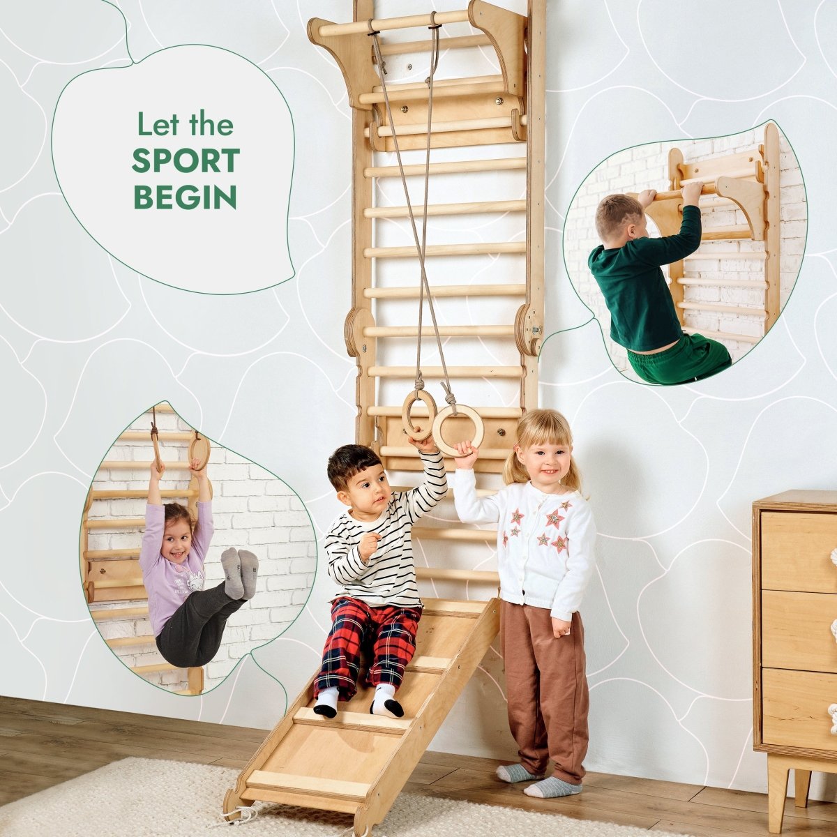 3in1: Wooden Swedish Wall / Climbing ladder for Children + Swing Set + Slide Board