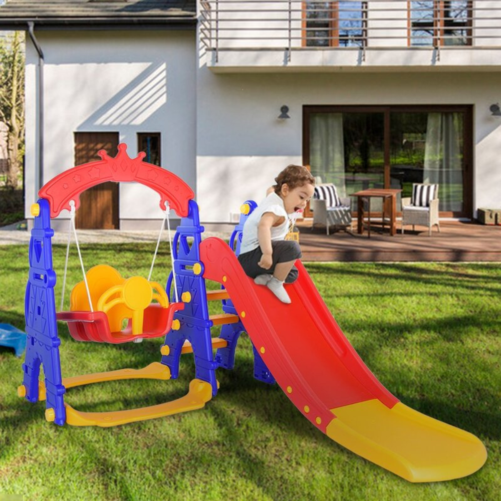 Kids Indoor & Outdoor Luxury 5-In-1 Crown Playset: Slide, Swing & Basketball Playset