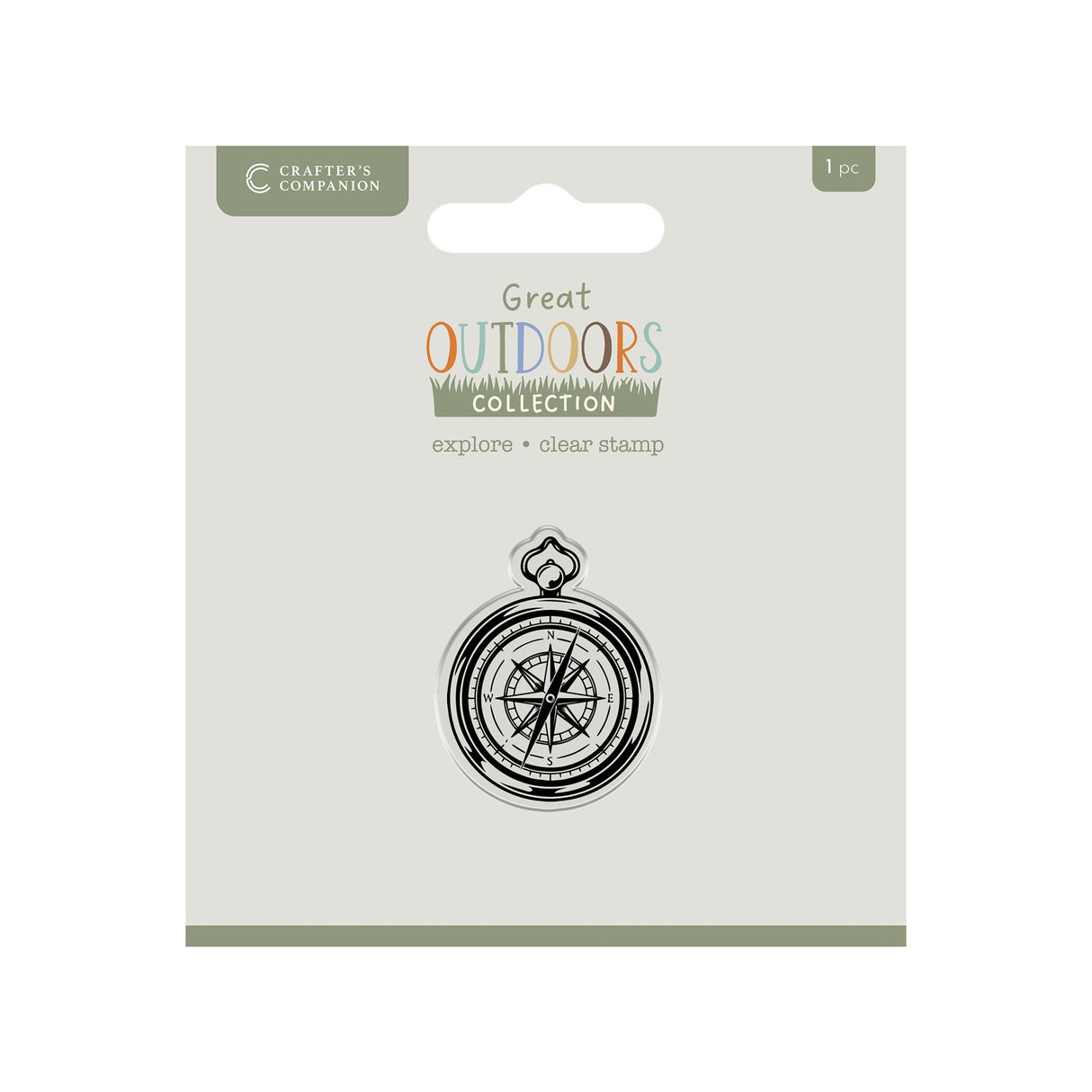 Crafters Companion The Great Outdoors Clear Acrylic Stamp Set Explore, compass design for crafting and DIY projects.