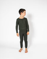 Deep Forest Green Waffle Two Piece Long Pajama Set