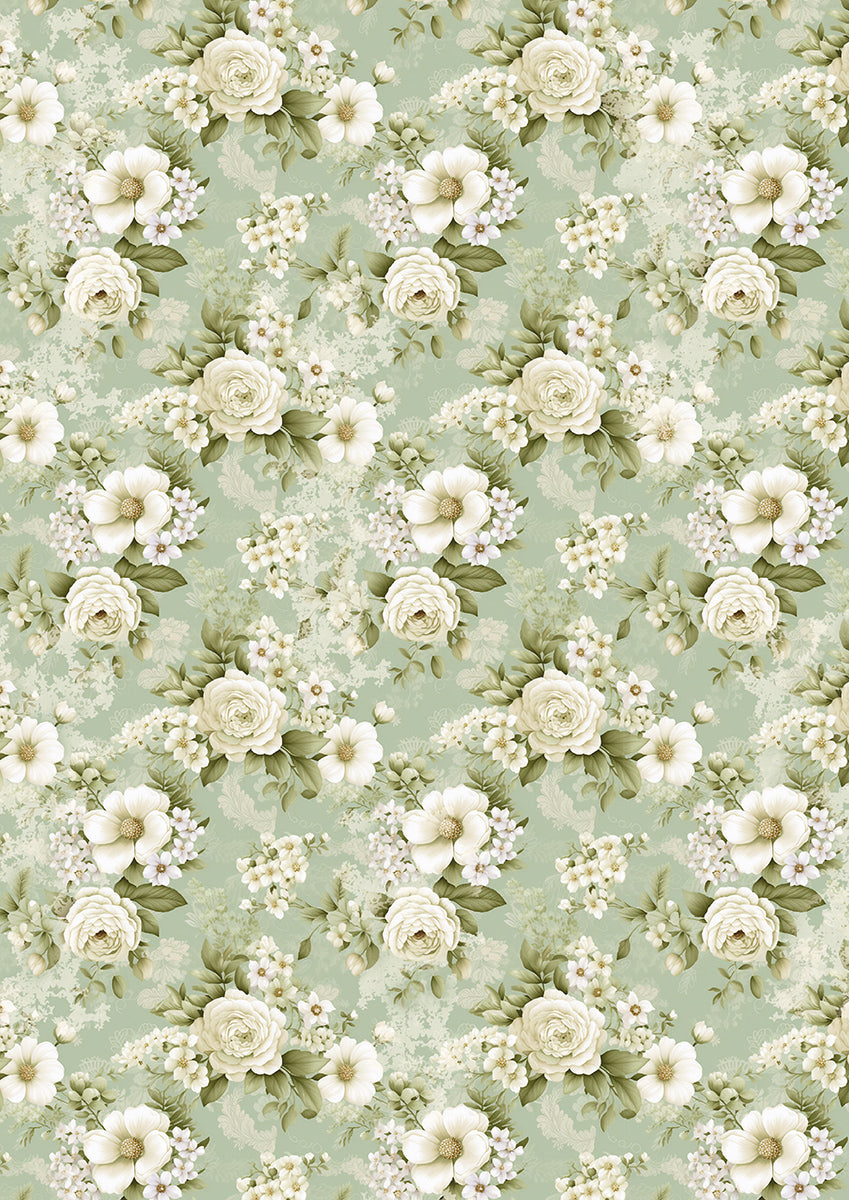 Tissue Paper A4 6Pkg Elysium floral design with roses and greenery on a soft green background