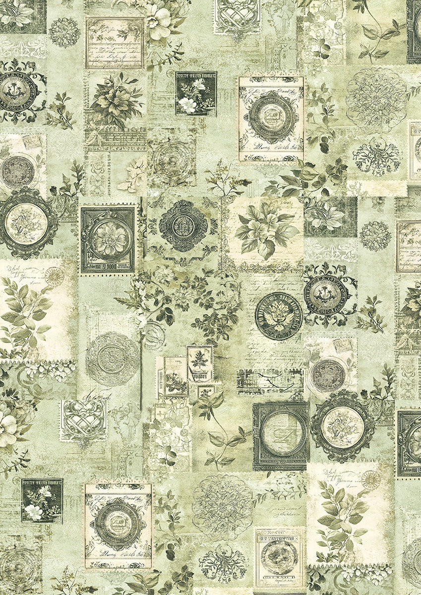 Tissue Paper A4 6Pkg Elysium decorative craft paper with green vintage floral pattern.