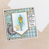 Crafters Companion The Great Outdoors Clear Acrylic Stamp Set Explore used in a camping-themed card with dog and hiking gear.