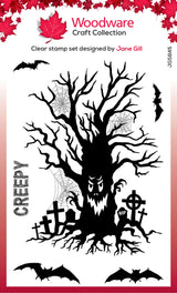 Woodware Clear Singles Haunted Tree 4 in x 6 in Stamp Set