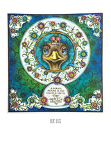 Summer Hoop A5 Clear Stamp Set Colorful illustration by Sue Dix featuring a crowned duck surrounded by floral designs and the quote about a man's house.