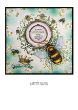 Summer Hoop A5 Clear Stamp Set Queen Bee artwork featuring a detailed bee illustration, crown, and the quote "A man's house is his castle until the queen arrives."