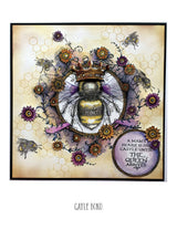 Summer Hoop A5 Clear Stamp Set  Bee illustration with crown, flowers, and hexagonal patterns by Gayle Bond, showcasing elegant mixed media design.